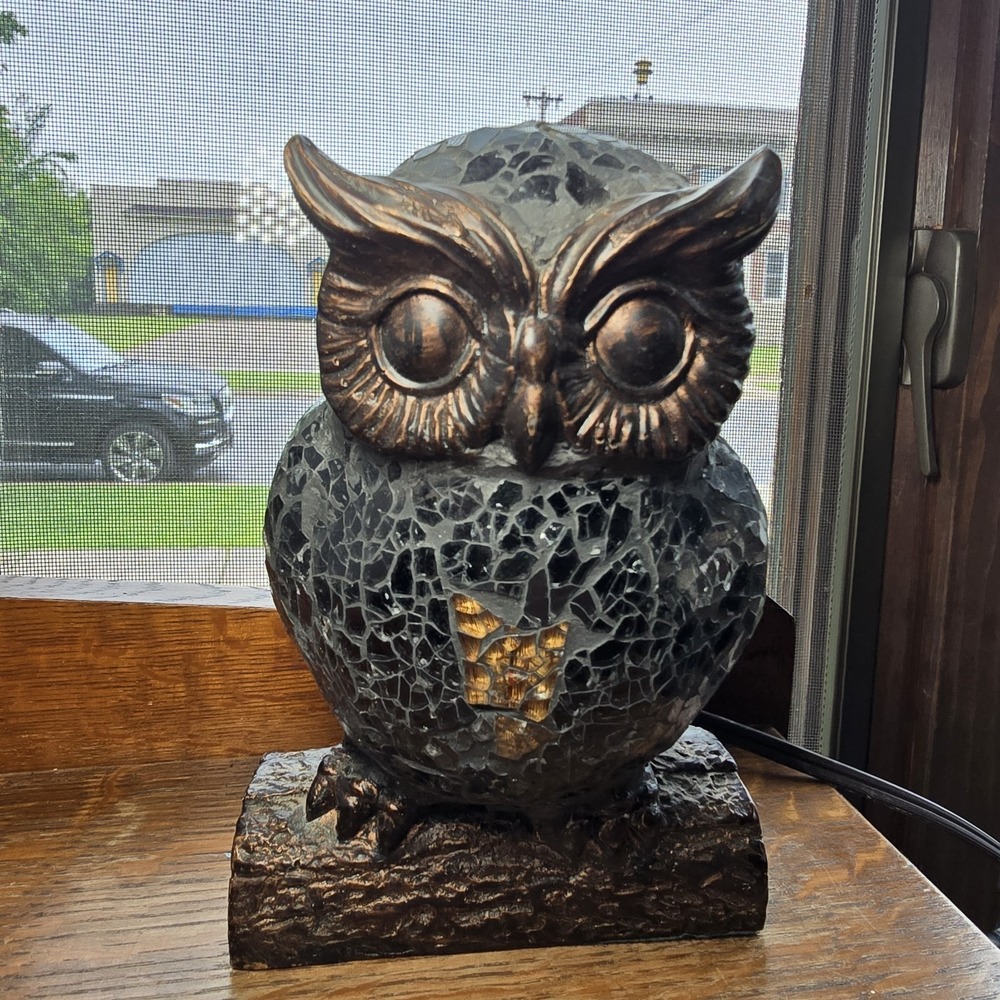 Vtg Tiffany Style Mosaic Stained Crackle Glass Owl Night Light Table Lamp  6.5"